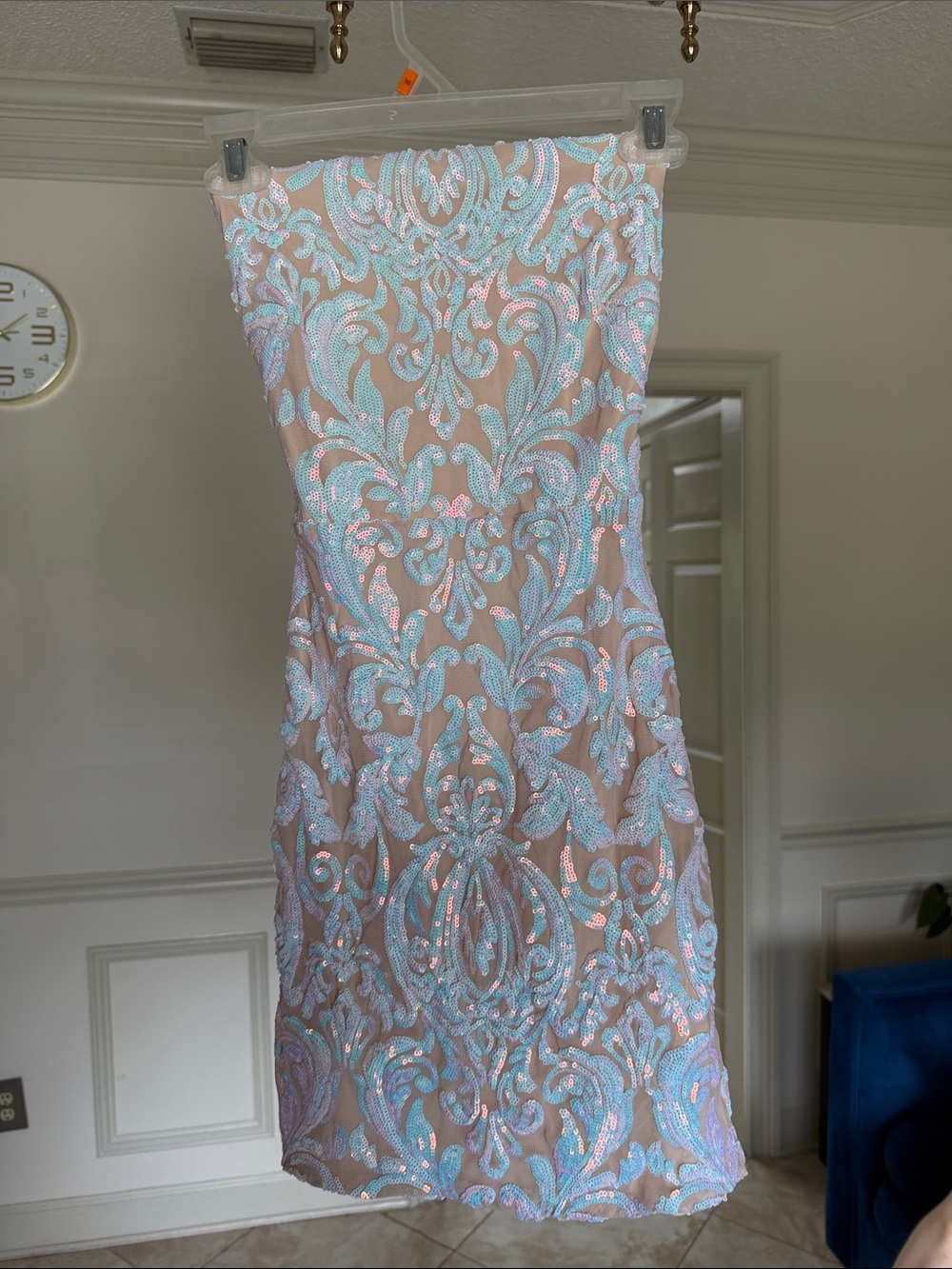 Windsor Strapless Sequin Jacquard Cocktail Dress in Iridescent Blue